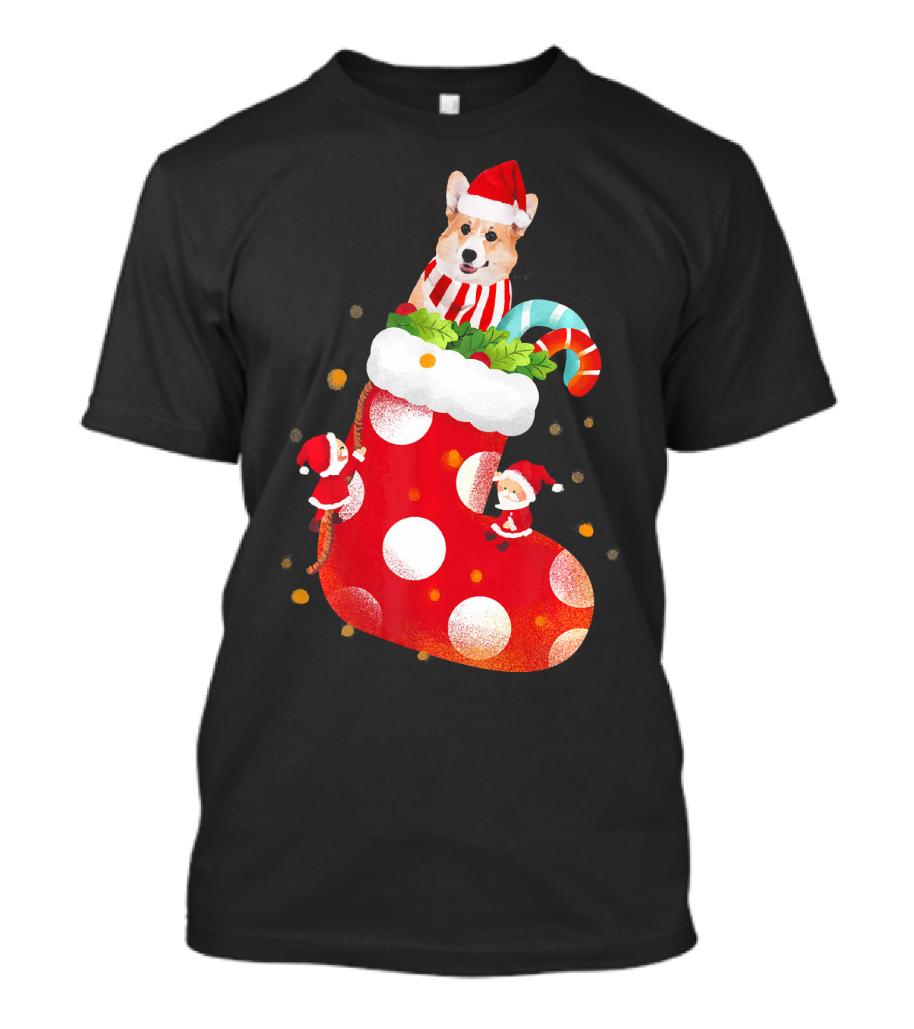 Christmas Corgi Dog In Santa Hat And Striped Scarf In Festive Stocking With Candy Cane T-Shirt