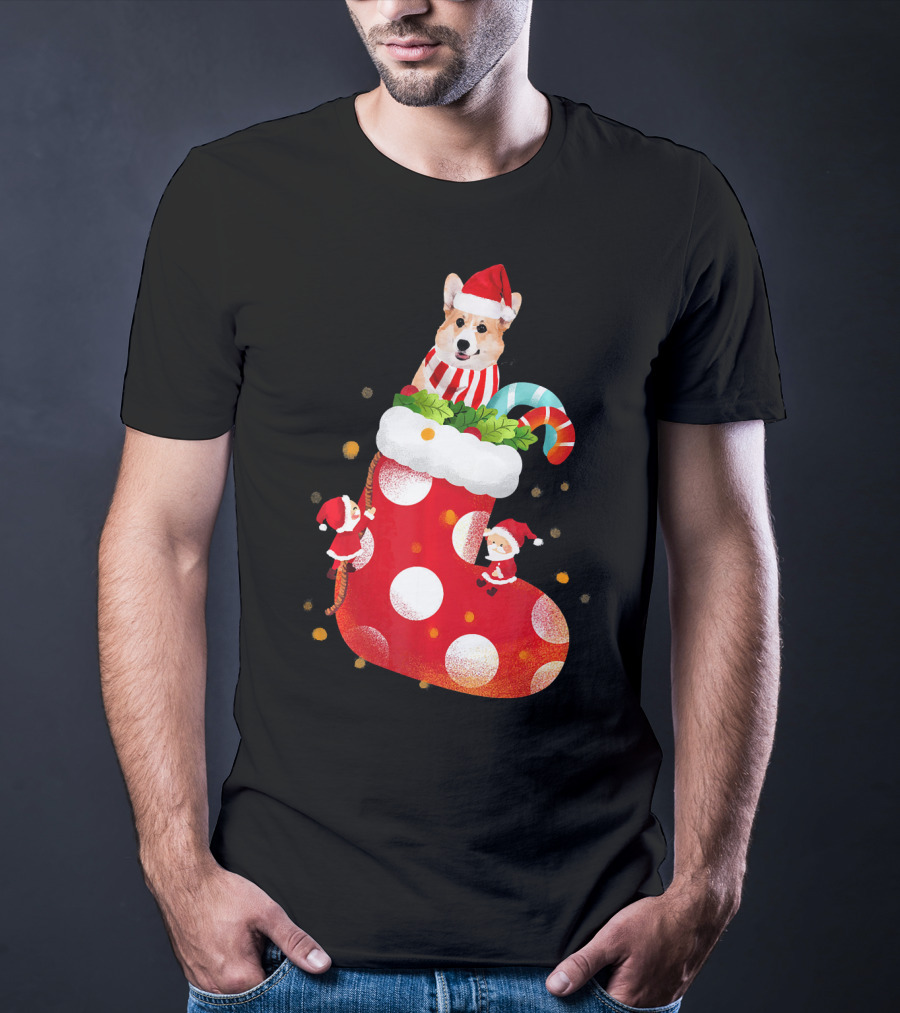 Christmas Corgi Dog In Santa Hat And Striped Scarf In Festive Stocking With Candy Cane T-Shirt