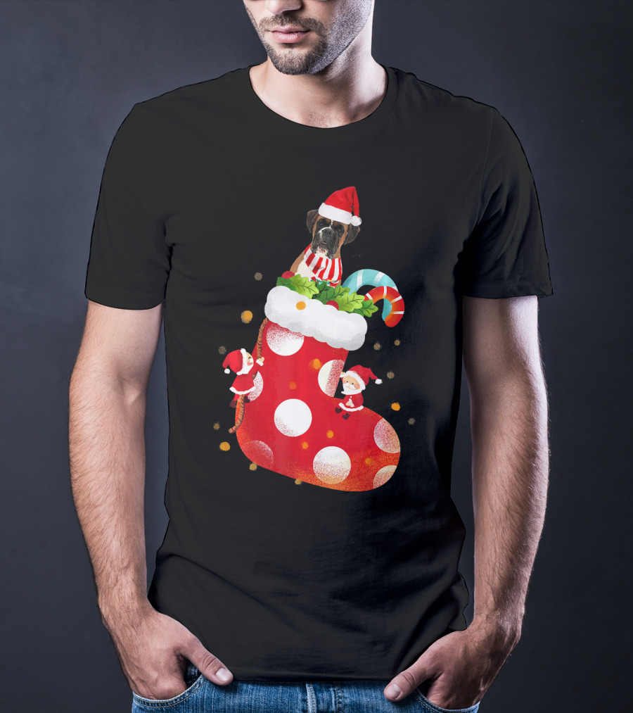 Christmas Boxer Dog Inside Santa Hat Sock With Candy Cane T-Shirt