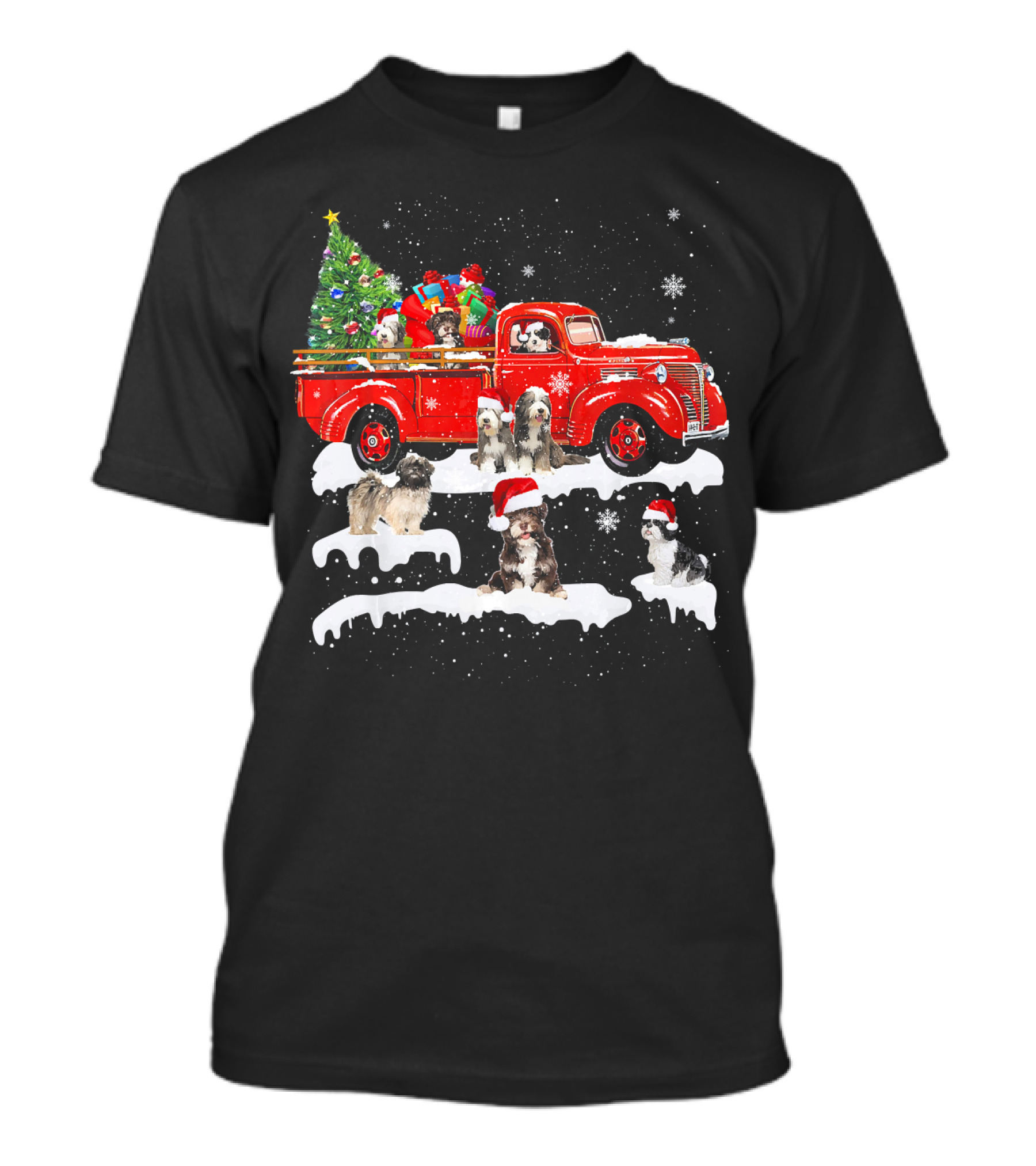 Tibetan Terrier Santa Hats Riding Red Truck With Christmas Tree And Gifts Snowflakes T-Shirt