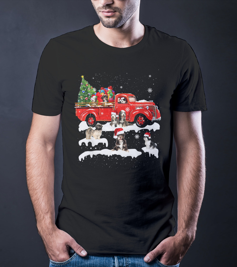 Tibetan Terrier Santa Hats Riding Red Truck With Christmas Tree And Gifts Snowflakes T-Shirt