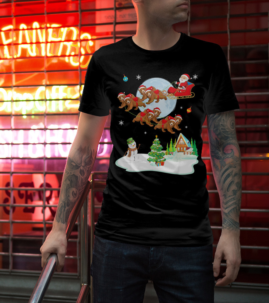 Santa Claus Sleigh With Bears And Snowman By Moonlit Cabin Noel T-Shirt
