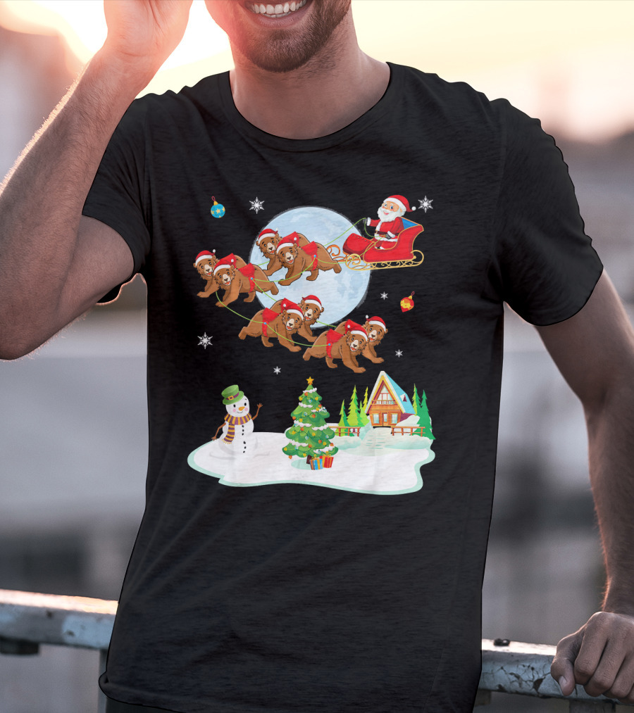 Santa Claus Sleigh With Bears And Snowman By Moonlit Cabin Noel T-Shirt