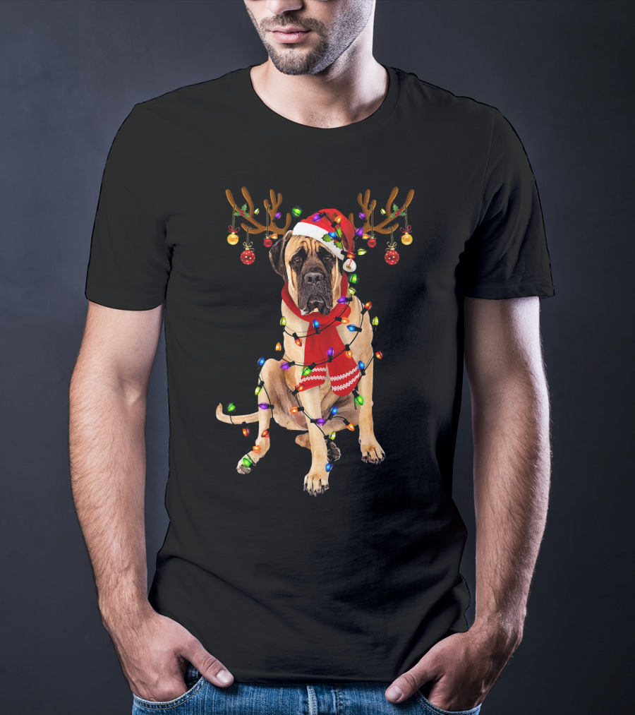 English Mastiff Christmas Lights Reindeer Antlers Santa Hat Scarf T-Shirt