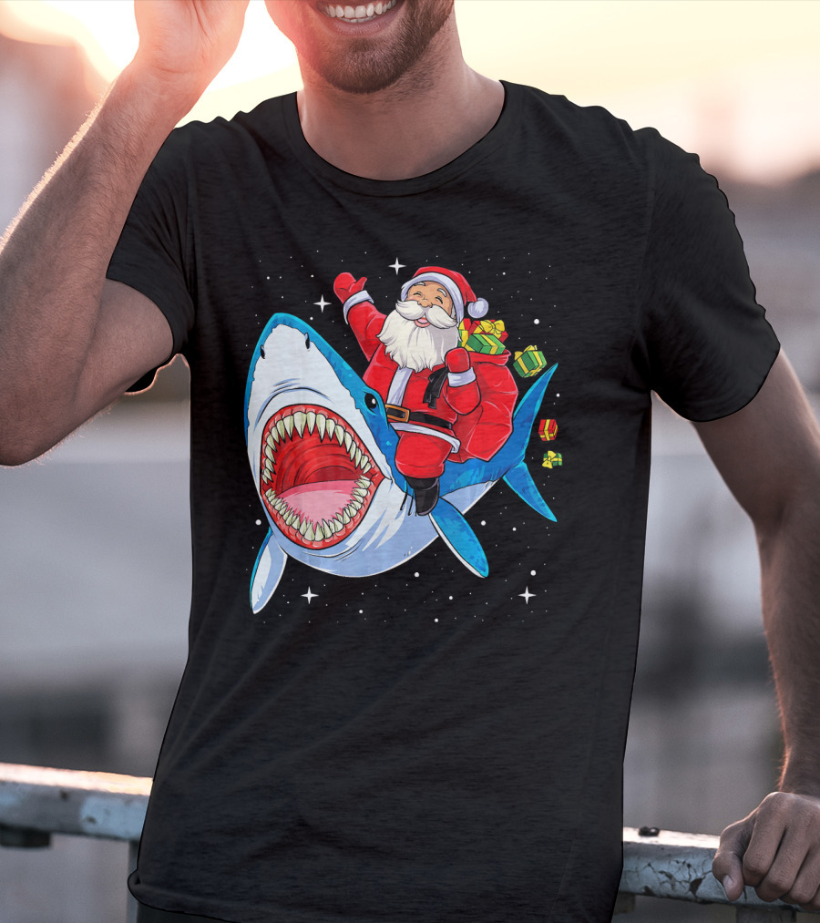 Christmas Kids Santa Riding Shark With Gifts T-Shirt