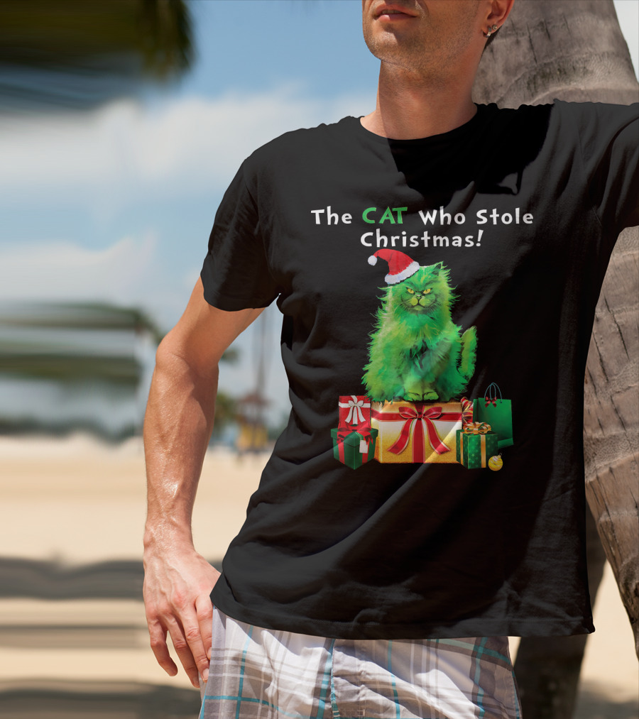 The CAT Who Stole Christmas Holiday Purr With Santa Hat And Gifts T-Shirt