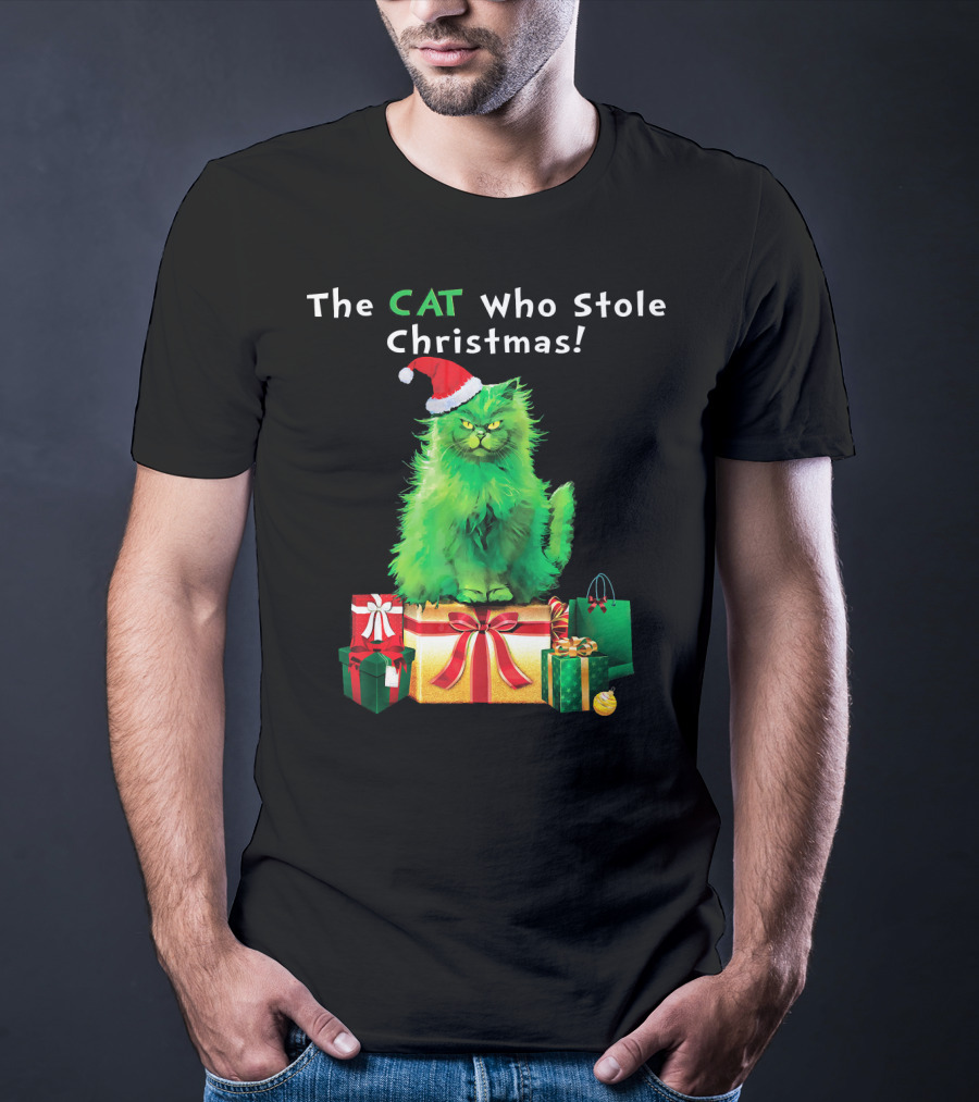 The CAT Who Stole Christmas Holiday Purr With Santa Hat And Gifts T-Shirt