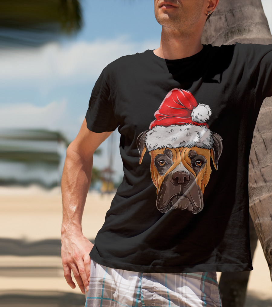 Boxer Dog With Santa Hat Christmas Holiday T-Shirt
