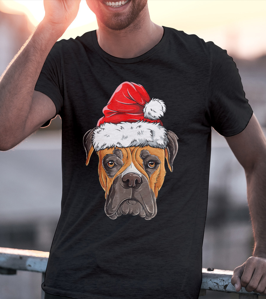 Boxer Dog With Santa Hat Christmas Holiday T-Shirt