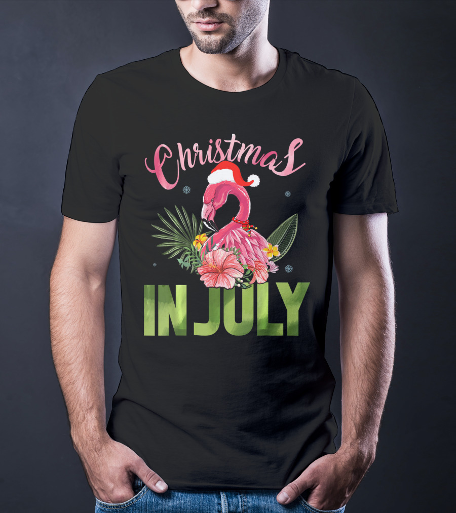 Christmas In July Cute Santa Hat Flamingo Summer T-Shirt