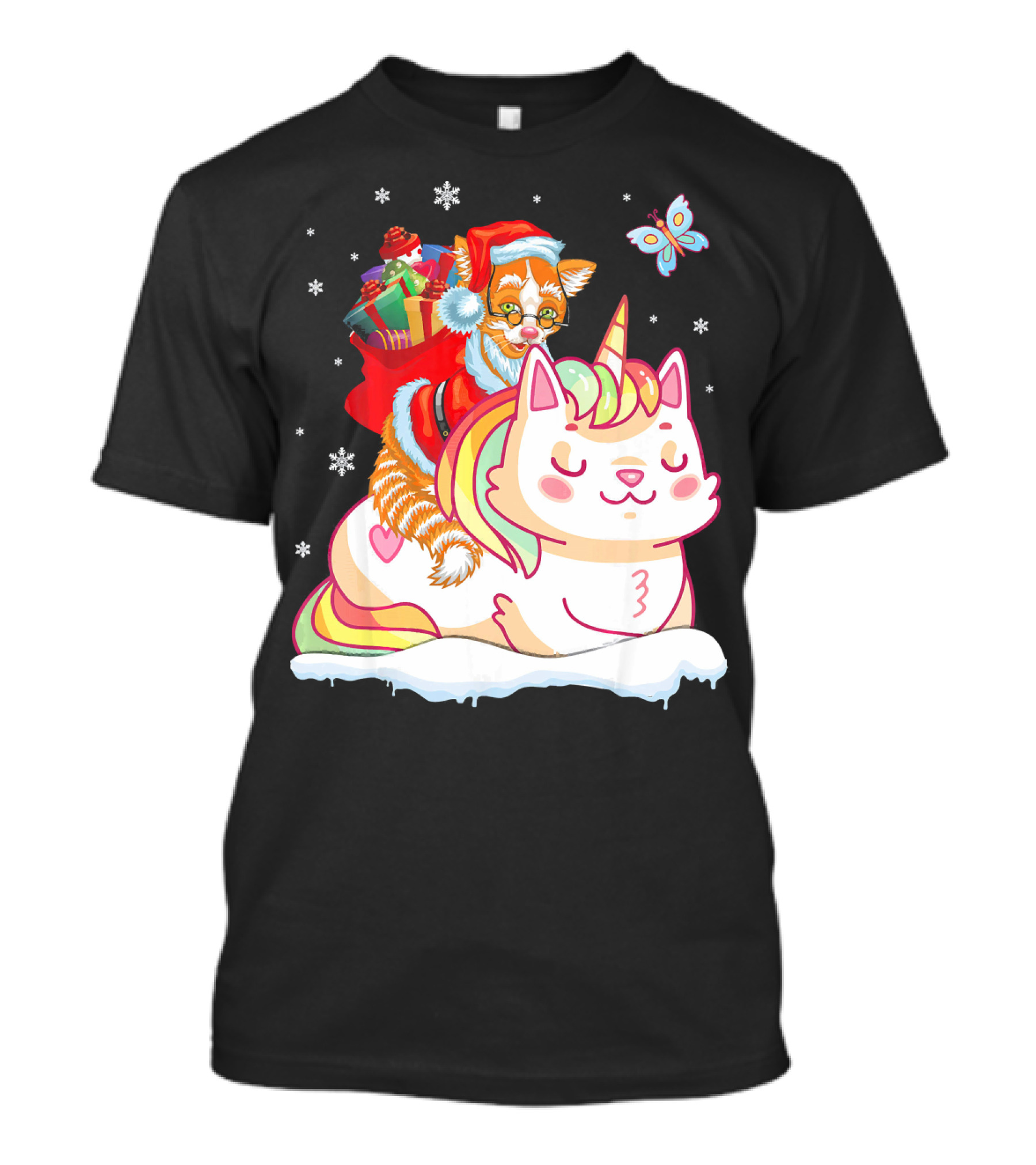 Santa Cat Riding Unicorn With Christmas Presents And Butterfly T-Shirt