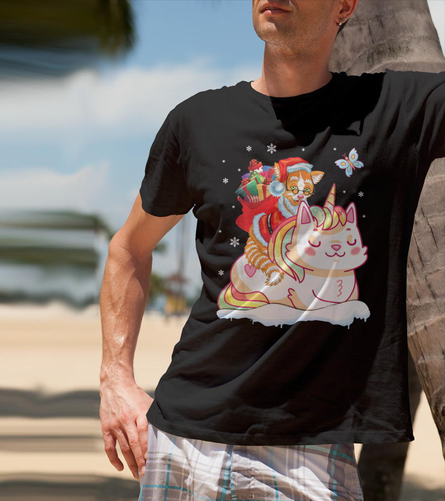 Santa Cat Riding Unicorn With Christmas Presents And Butterfly T-Shirt