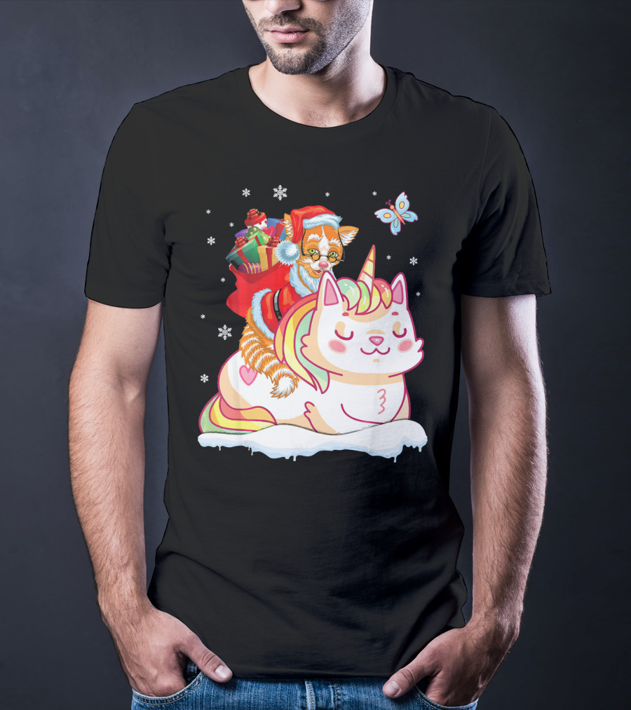 Santa Cat Riding Unicorn With Christmas Presents And Butterfly T-Shirt
