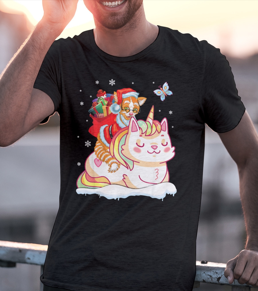 Santa Cat Riding Unicorn With Christmas Presents And Butterfly T-Shirt