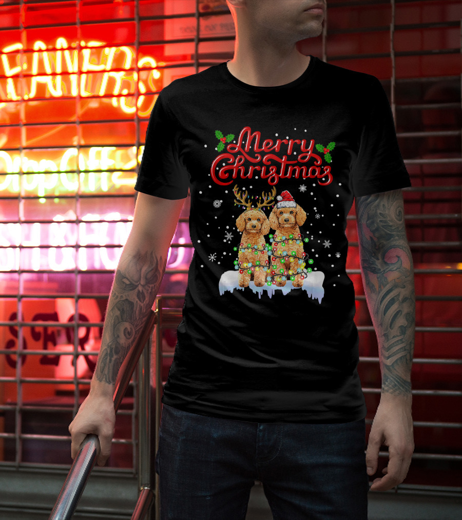 Merry Christmas Poodle Lights Funny Dog Matching T-Shirt