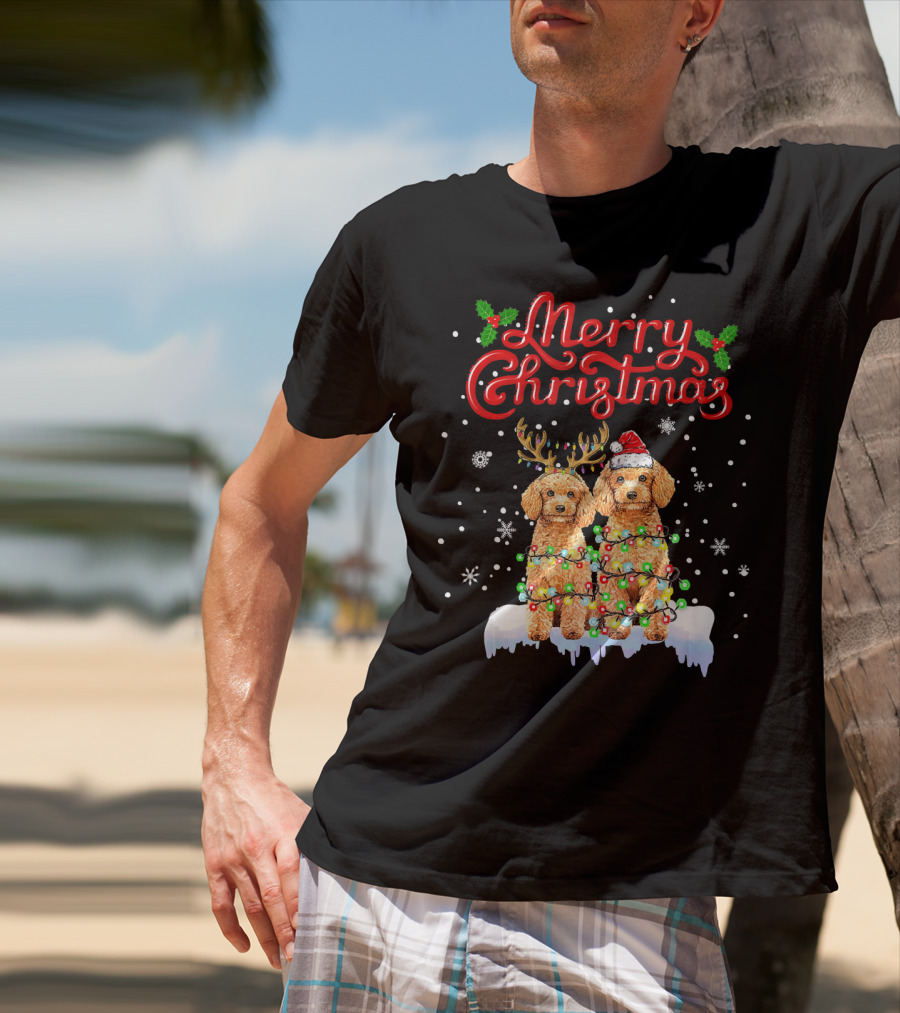 Merry Christmas Poodle Lights Funny Dog Matching T-Shirt