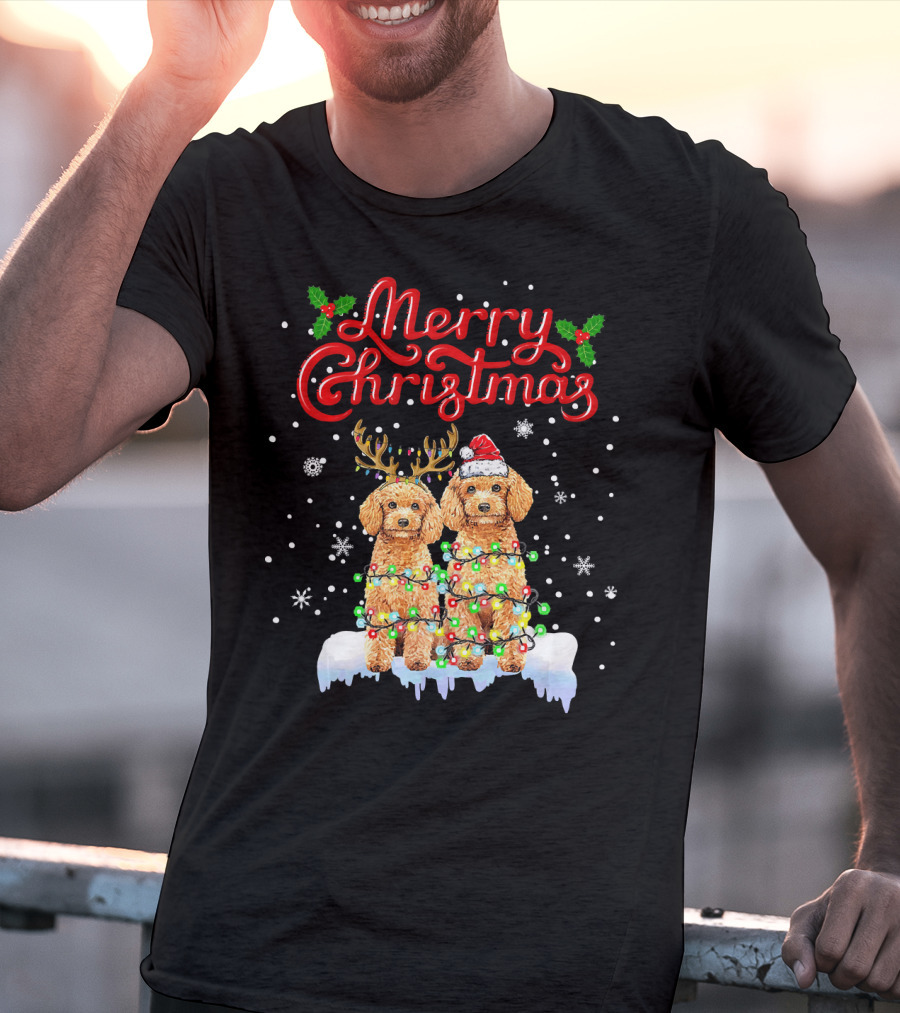 Merry Christmas Poodle Lights Funny Dog Matching T-Shirt