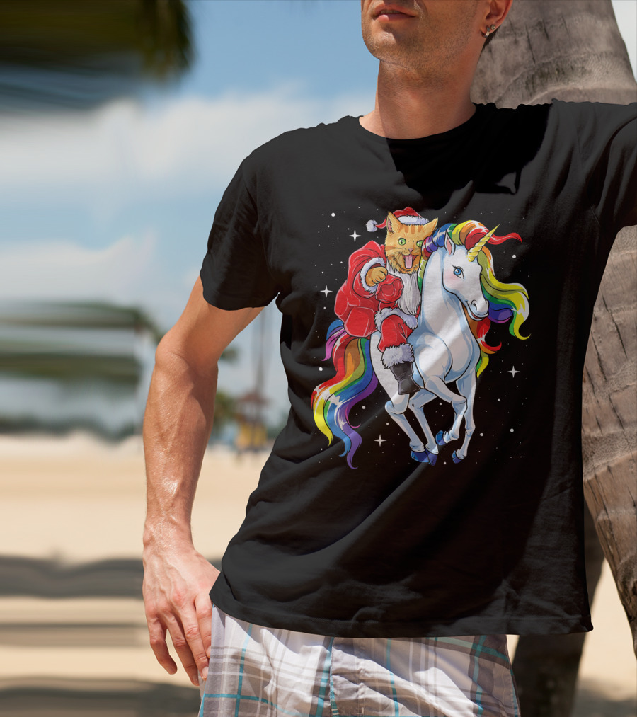 Cat Santa Riding Rainbow Unicorn Christmas Girl T-Shirt