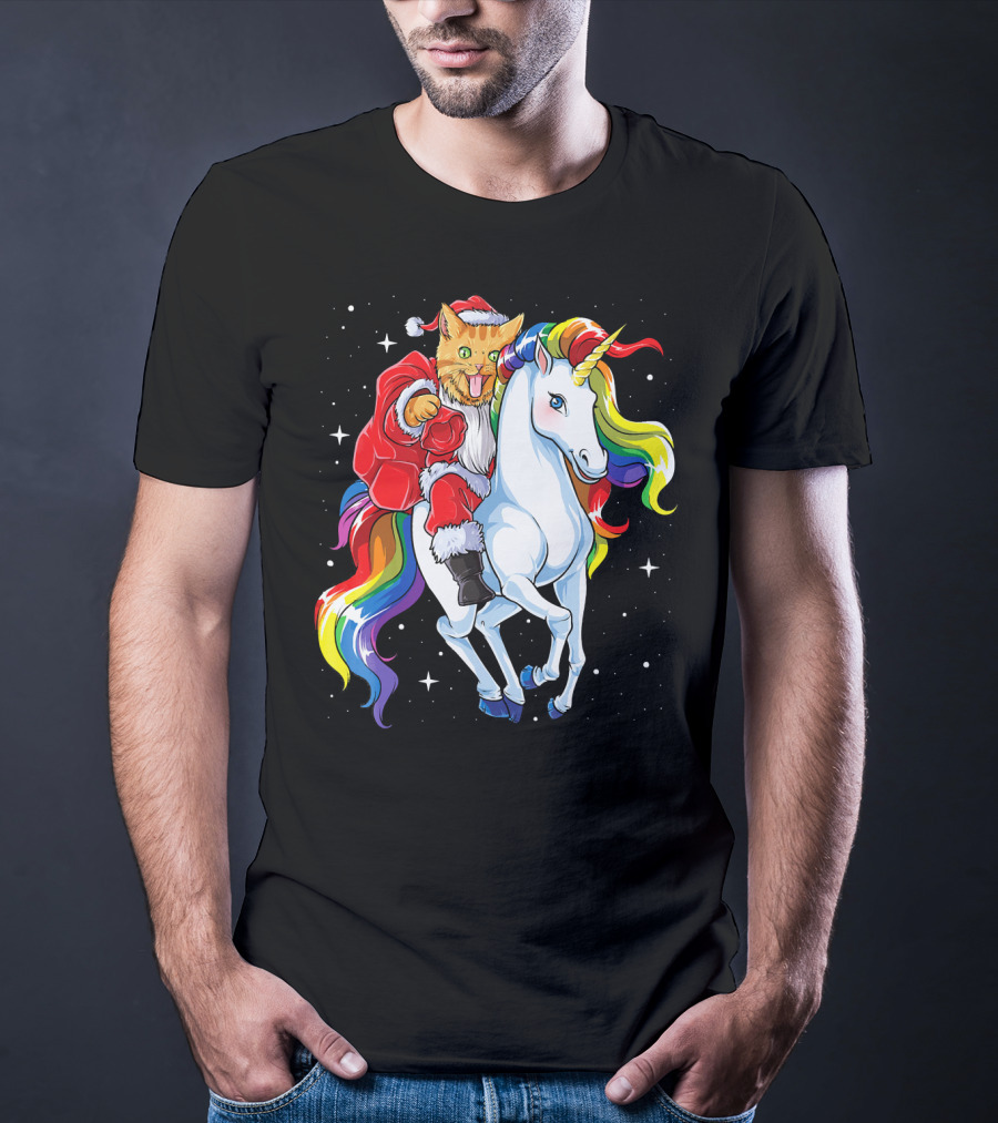 Cat Santa Riding Rainbow Unicorn Christmas Girl T-Shirt