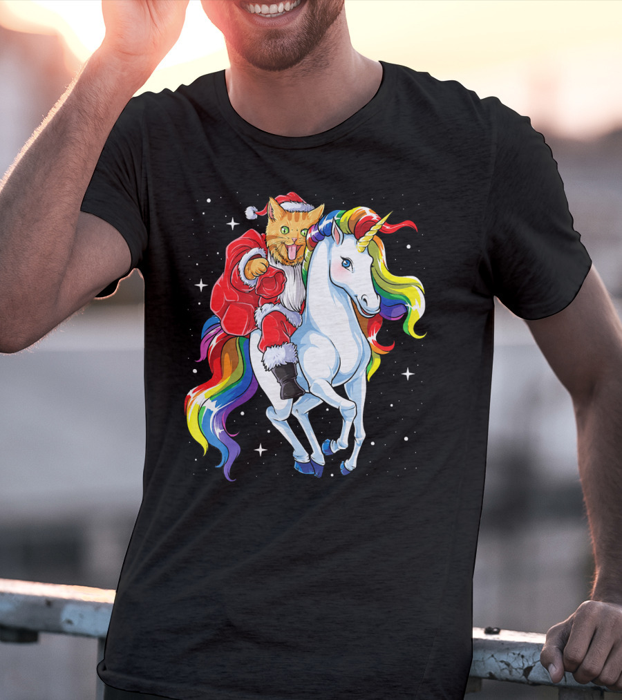 Cat Santa Riding Rainbow Unicorn Christmas Girl T-Shirt