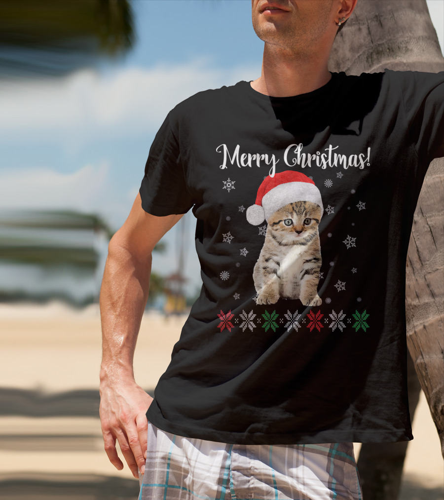 Merry Christmas Cat Wearing Santa Hat With Snowflakes And Festive Stars T-Shirt