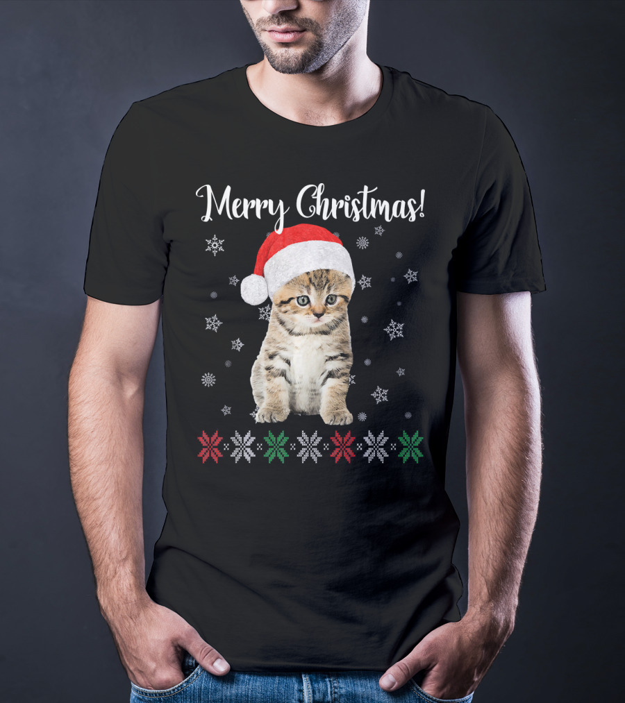 Merry Christmas Cat Wearing Santa Hat With Snowflakes And Festive Stars T-Shirt