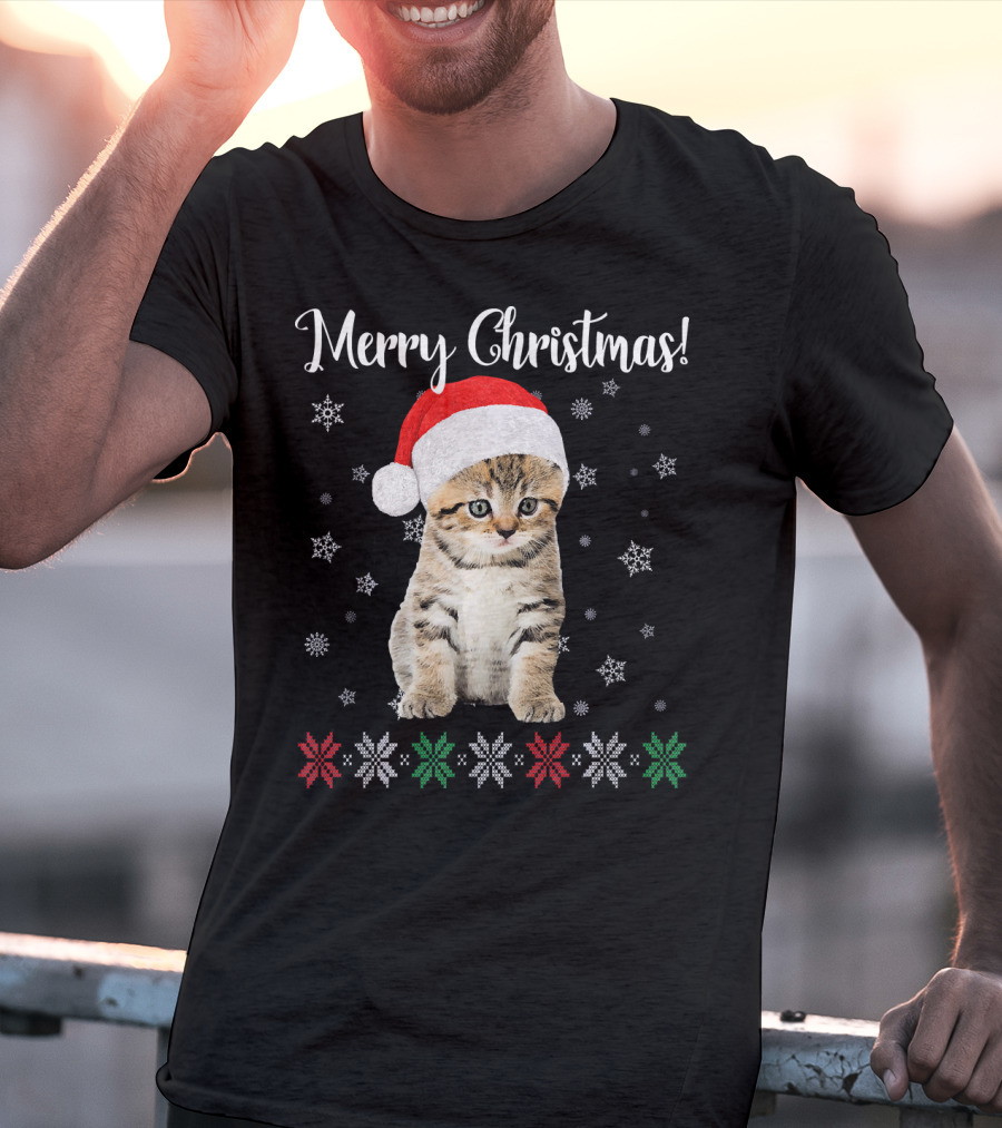 Merry Christmas Cat Wearing Santa Hat With Snowflakes And Festive Stars T-Shirt