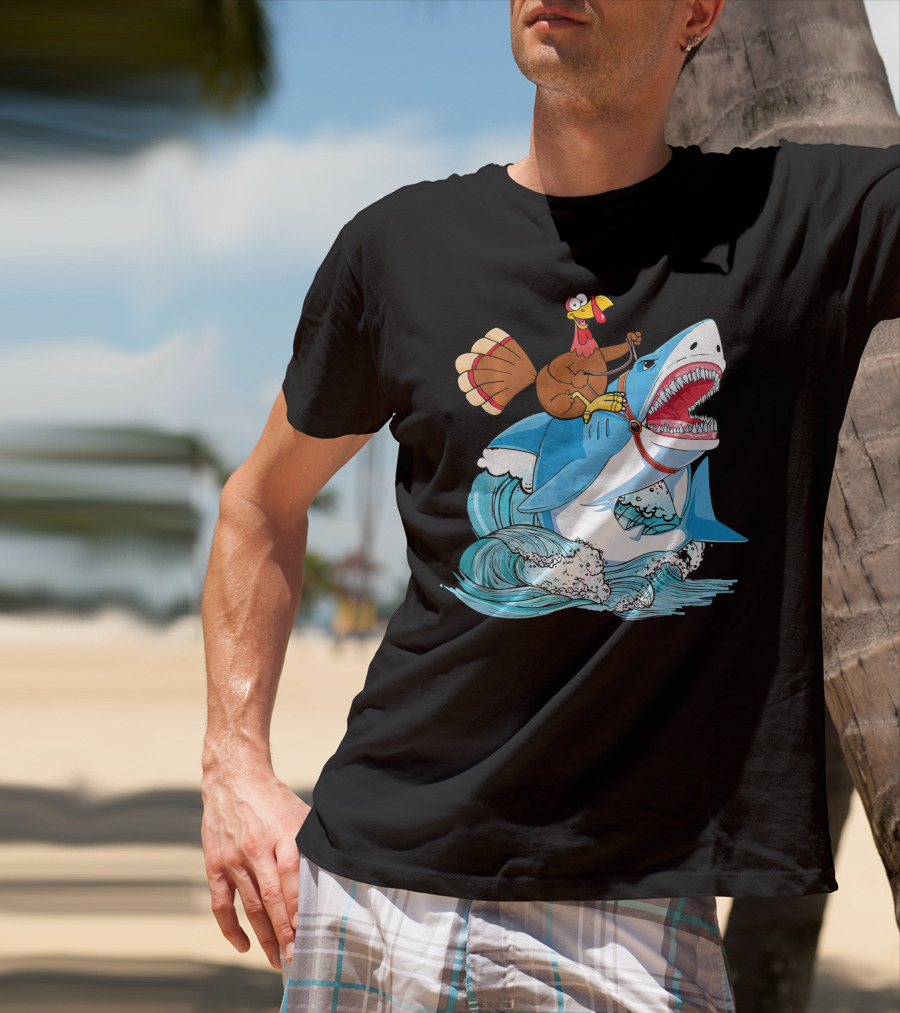 Dabbing Turkey Riding Great White Shark Waves T-Shirt