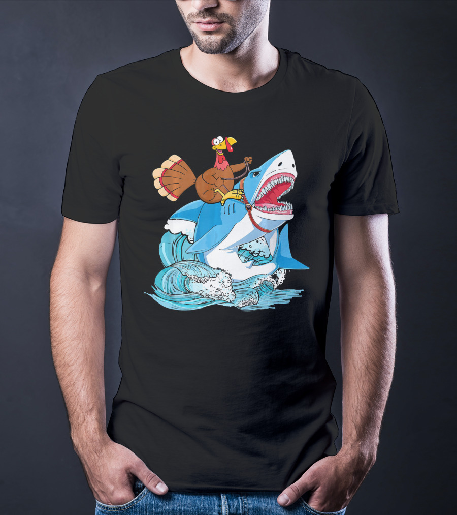 Dabbing Turkey Riding Great White Shark Waves T-Shirt