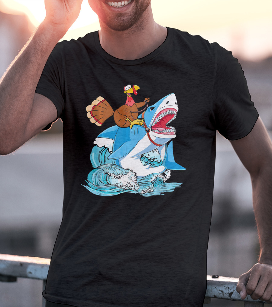 Dabbing Turkey Riding Great White Shark Waves T-Shirt
