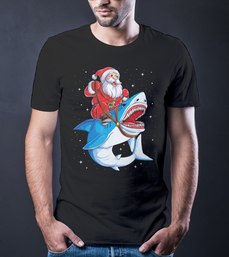 Santa Riding Shark Christmas Boys Santa Shark T-Shirt