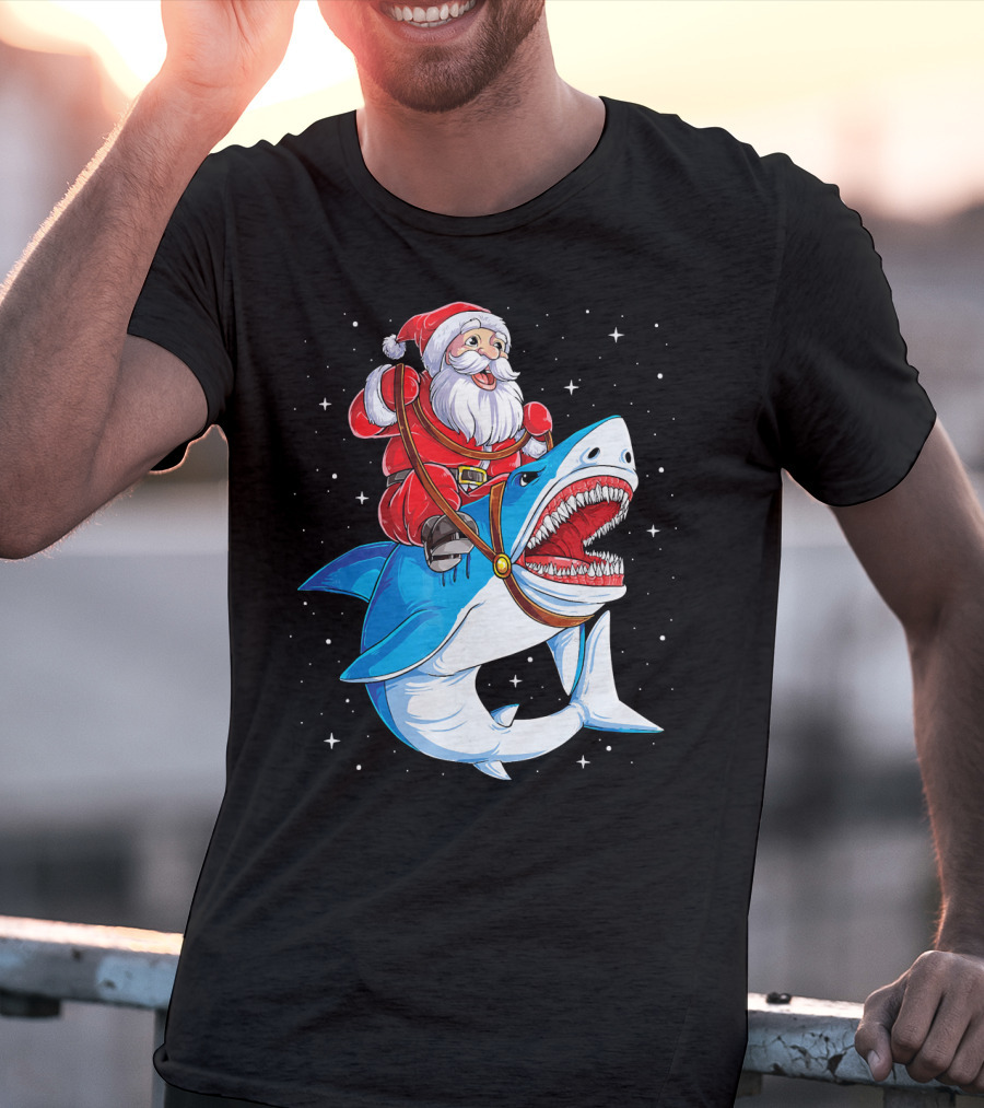 Santa Riding Shark Christmas Boys Santa Shark T-Shirt