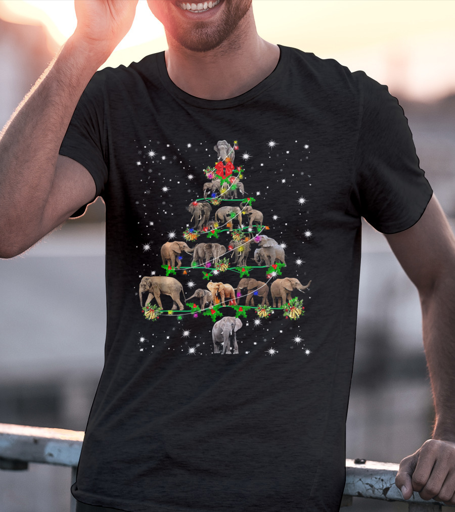 Funny Elephants Christmas Tree Ornament Holiday Decor With Festive Snowflakes And Lights T-Shirt