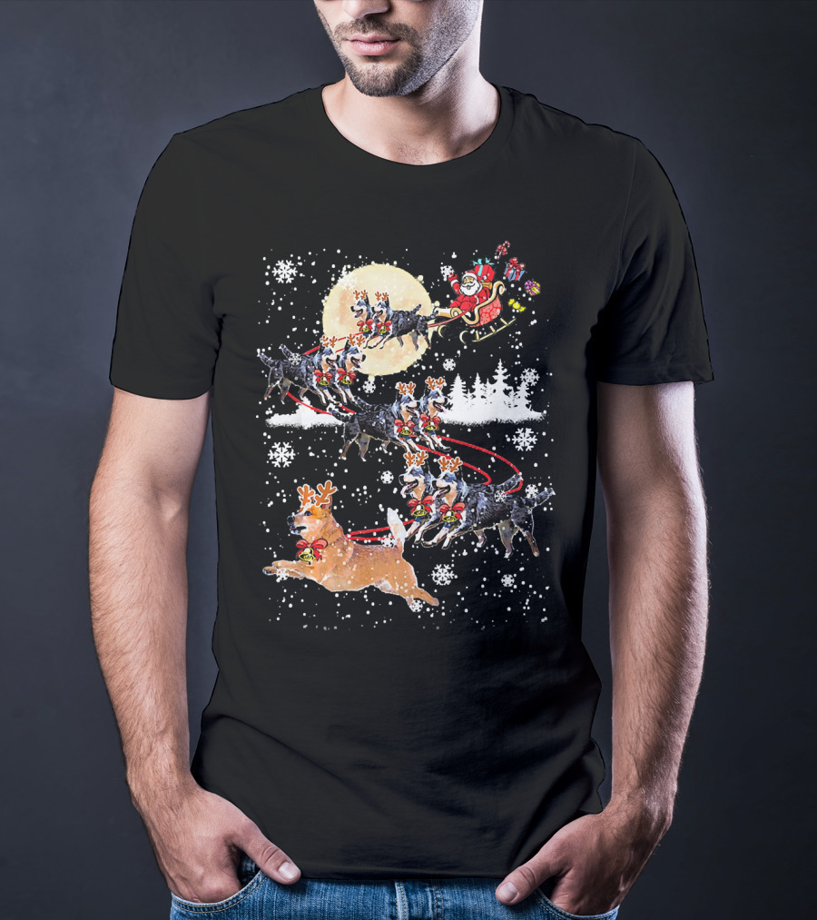 Heeler Reindeer Santa Sleigh Christmas Moon Dog T-Shirt