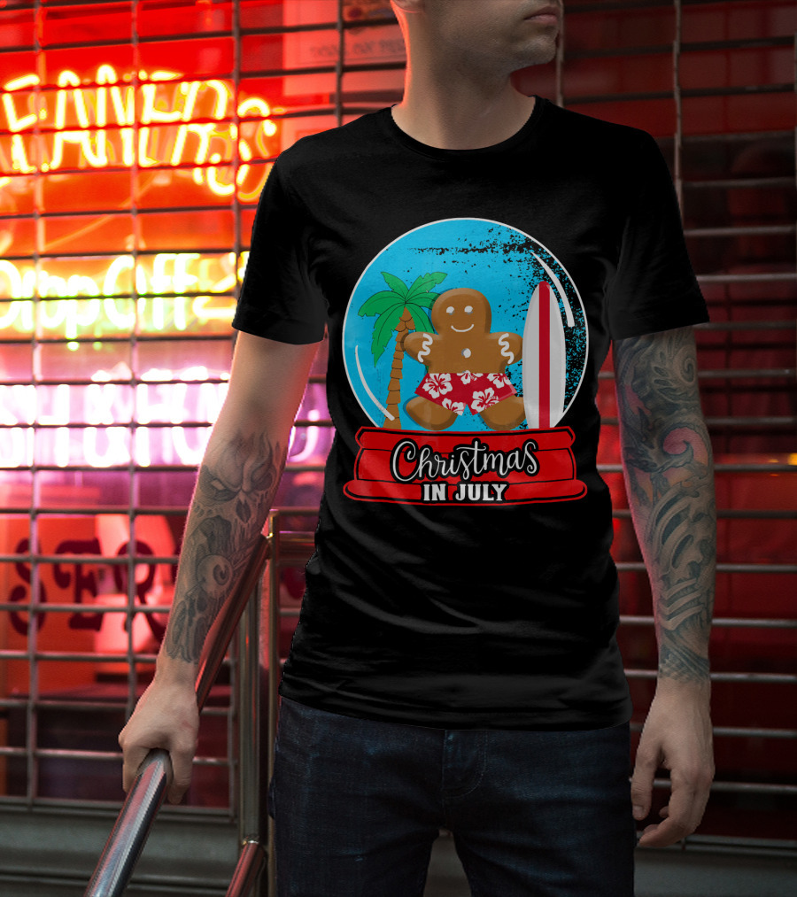 Christmas In July Surfing Gingerbread Snow Globe T-Shirt