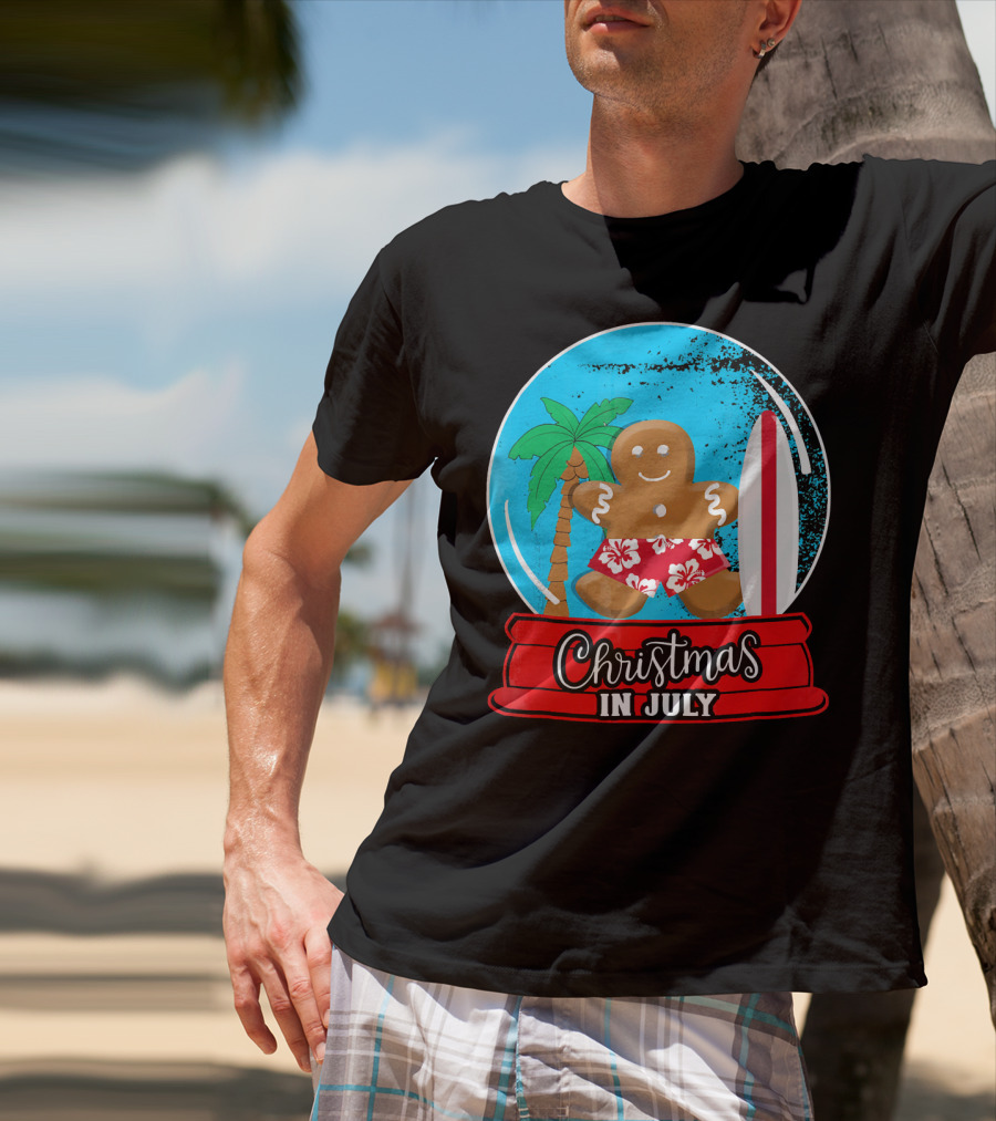 Christmas In July Surfing Gingerbread Snow Globe T-Shirt