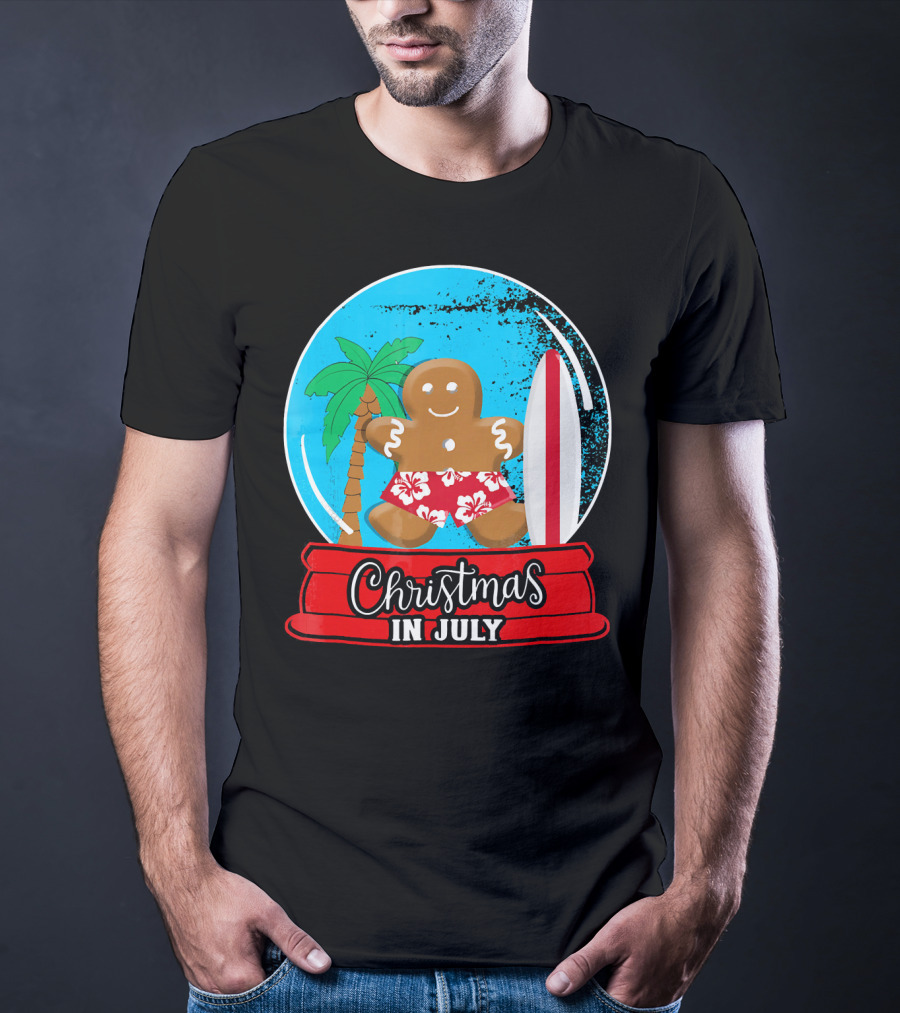 Christmas In July Surfing Gingerbread Snow Globe T-Shirt