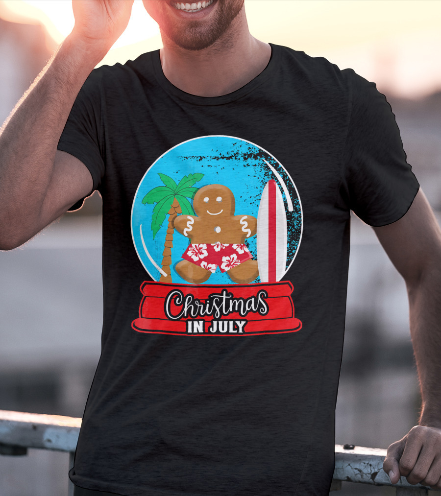 Christmas In July Surfing Gingerbread Snow Globe T-Shirt
