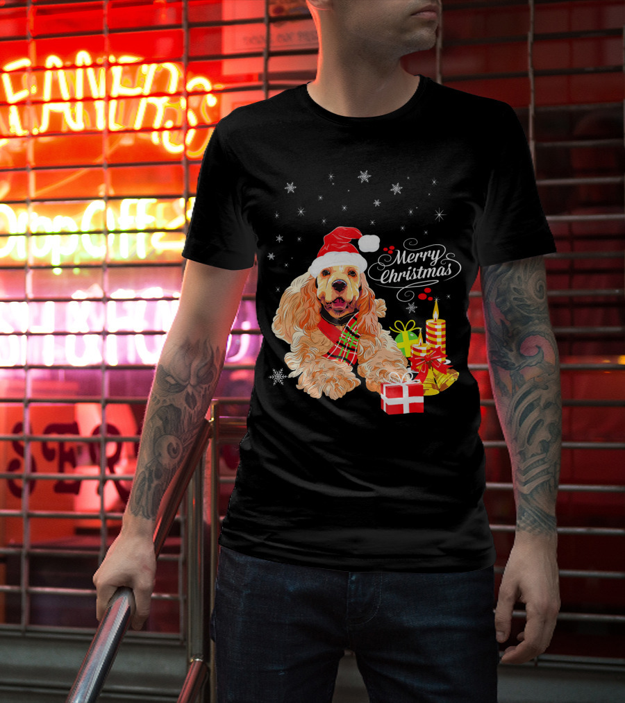 Cocker Spaniel Merry Christmas Santa Hat Candles Gifts Snowflakes T-Shirt