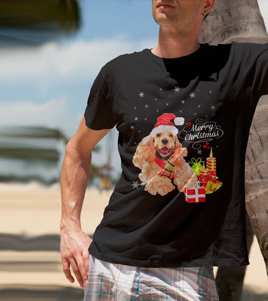 Cocker Spaniel Merry Christmas Santa Hat Candles Gifts Snowflakes T-Shirt