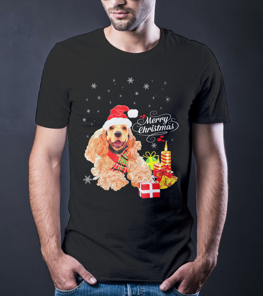 Cocker Spaniel Merry Christmas Santa Hat Candles Gifts Snowflakes T-Shirt