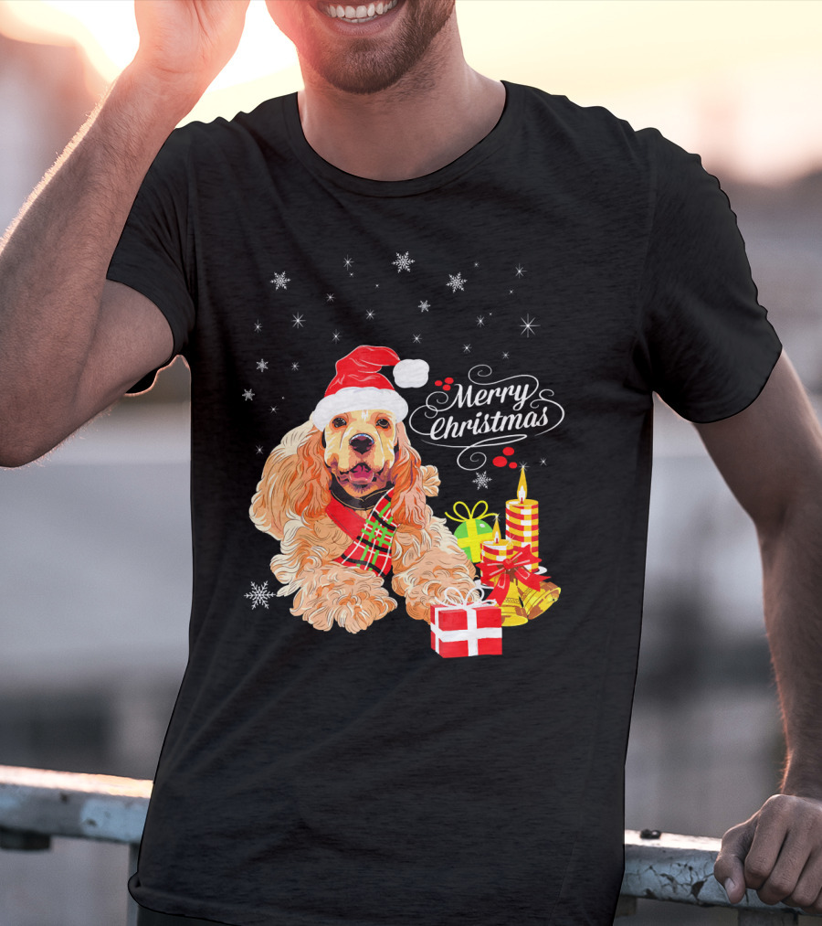 Cocker Spaniel Merry Christmas Santa Hat Candles Gifts Snowflakes T-Shirt
