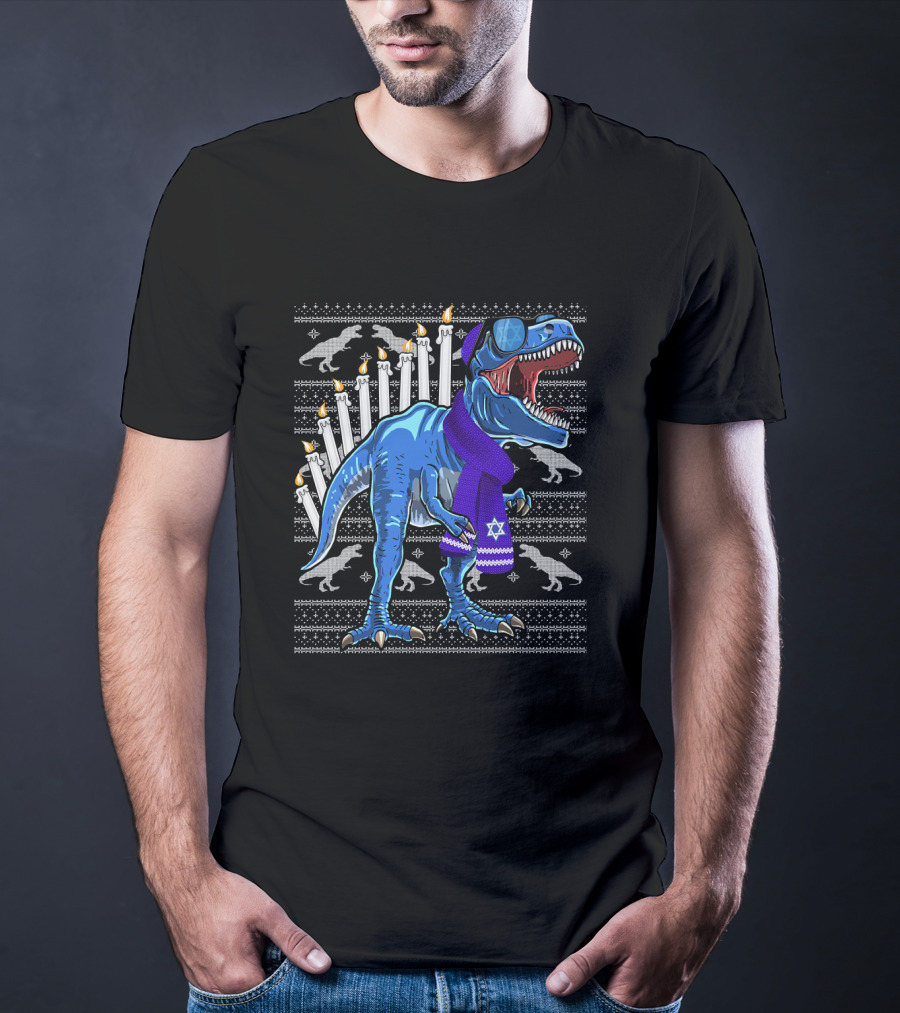 Menorasaurus Rex Dinosaur Wearing Blue Scarf And Sunglasses With Candles And Dinosaur T-Shirt