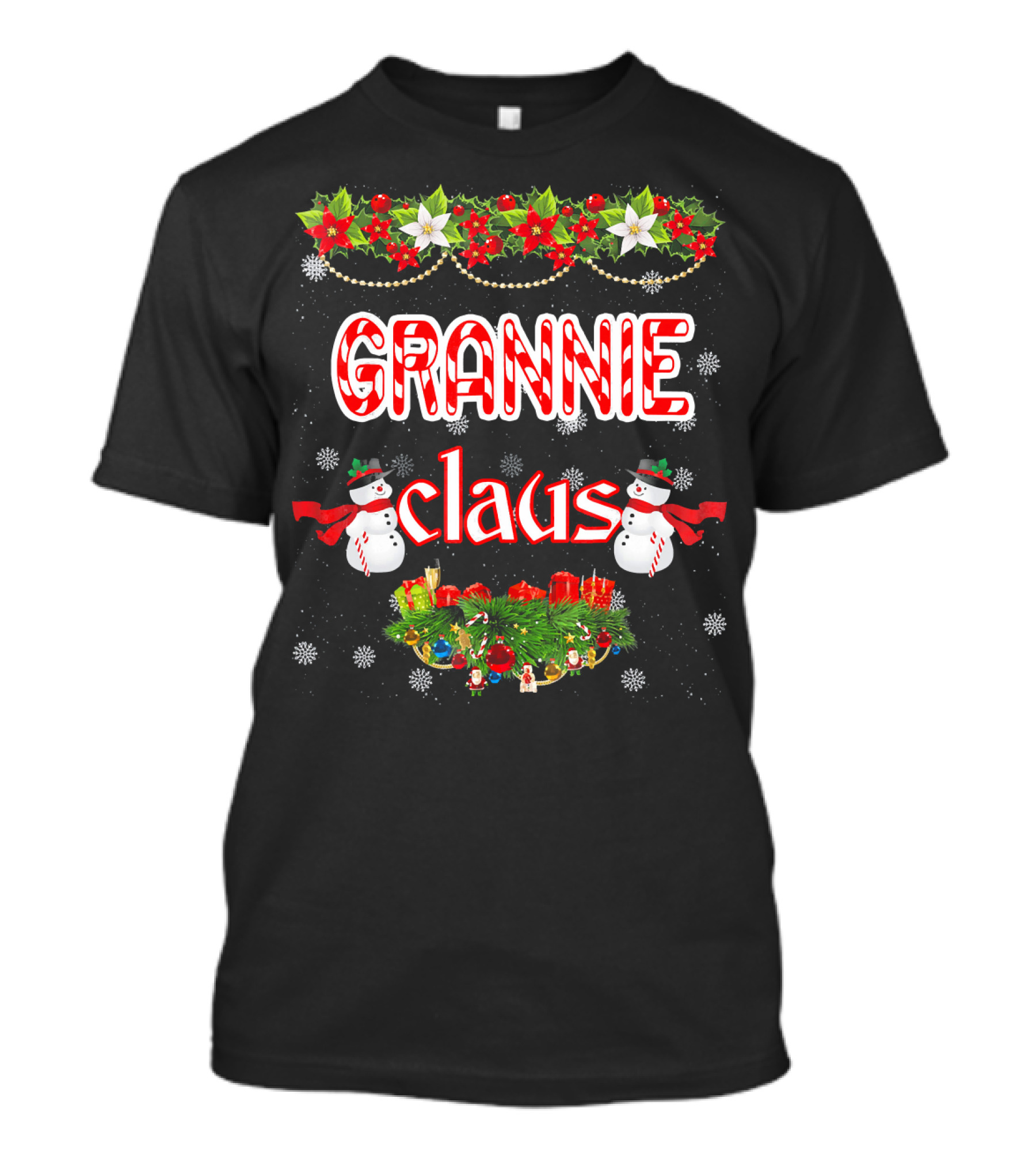 Grannie Claus Christmas Holly Snowflakes Snowmen Garland T-Shirt