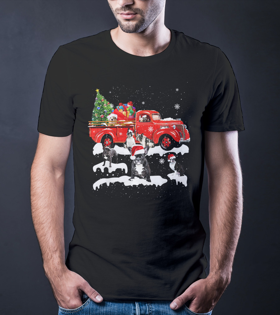 French Bulldog Christmas Red Truck With Santa Hats And Gifts T-Shirt