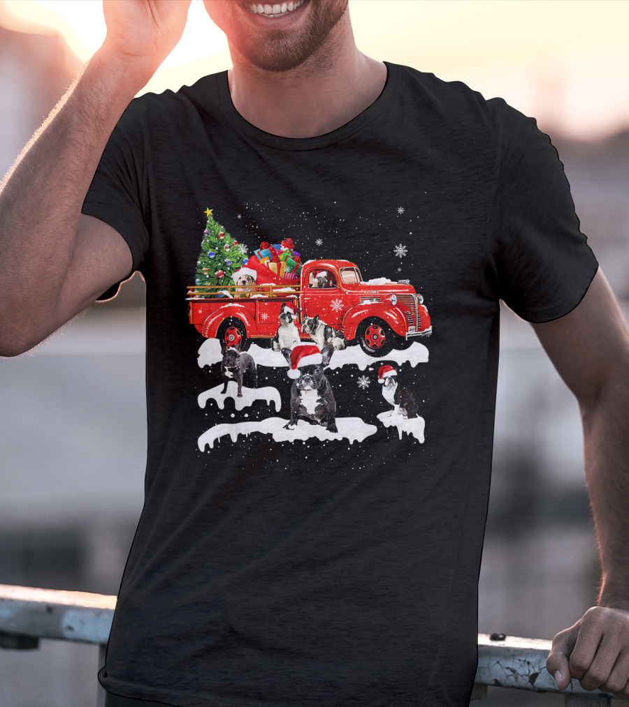 French Bulldog Christmas Red Truck With Santa Hats And Gifts T-Shirt