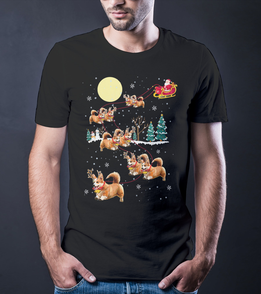 Christmas Corgi Santa Sleigh Cute Holiday Pajamas T-Shirt