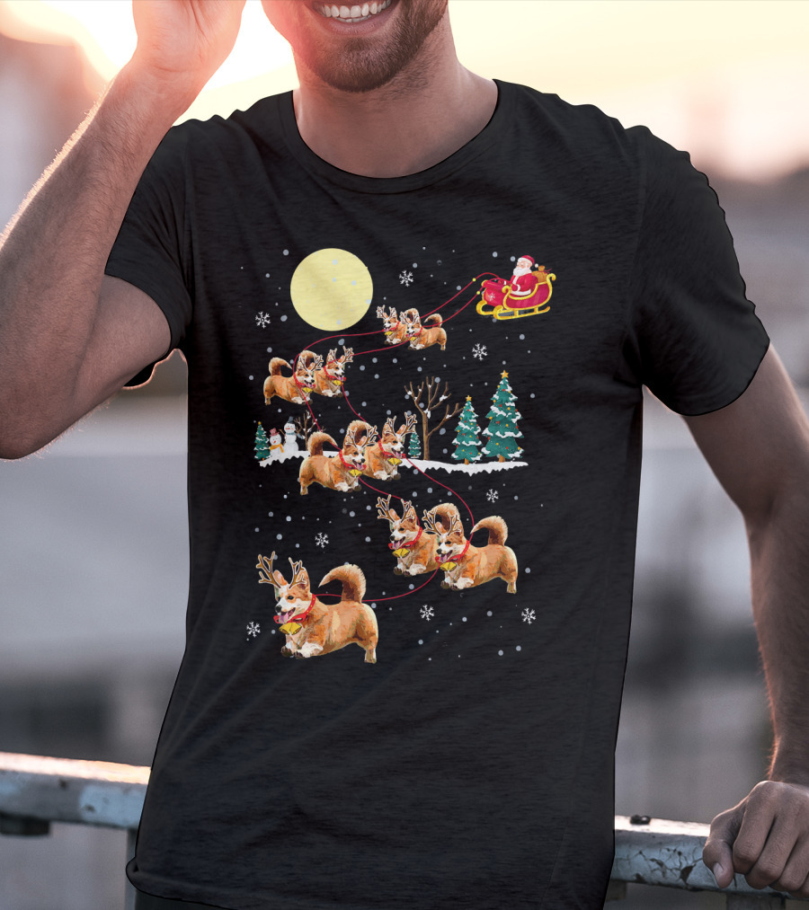 Christmas Corgi Santa Sleigh Cute Holiday Pajamas T-Shirt