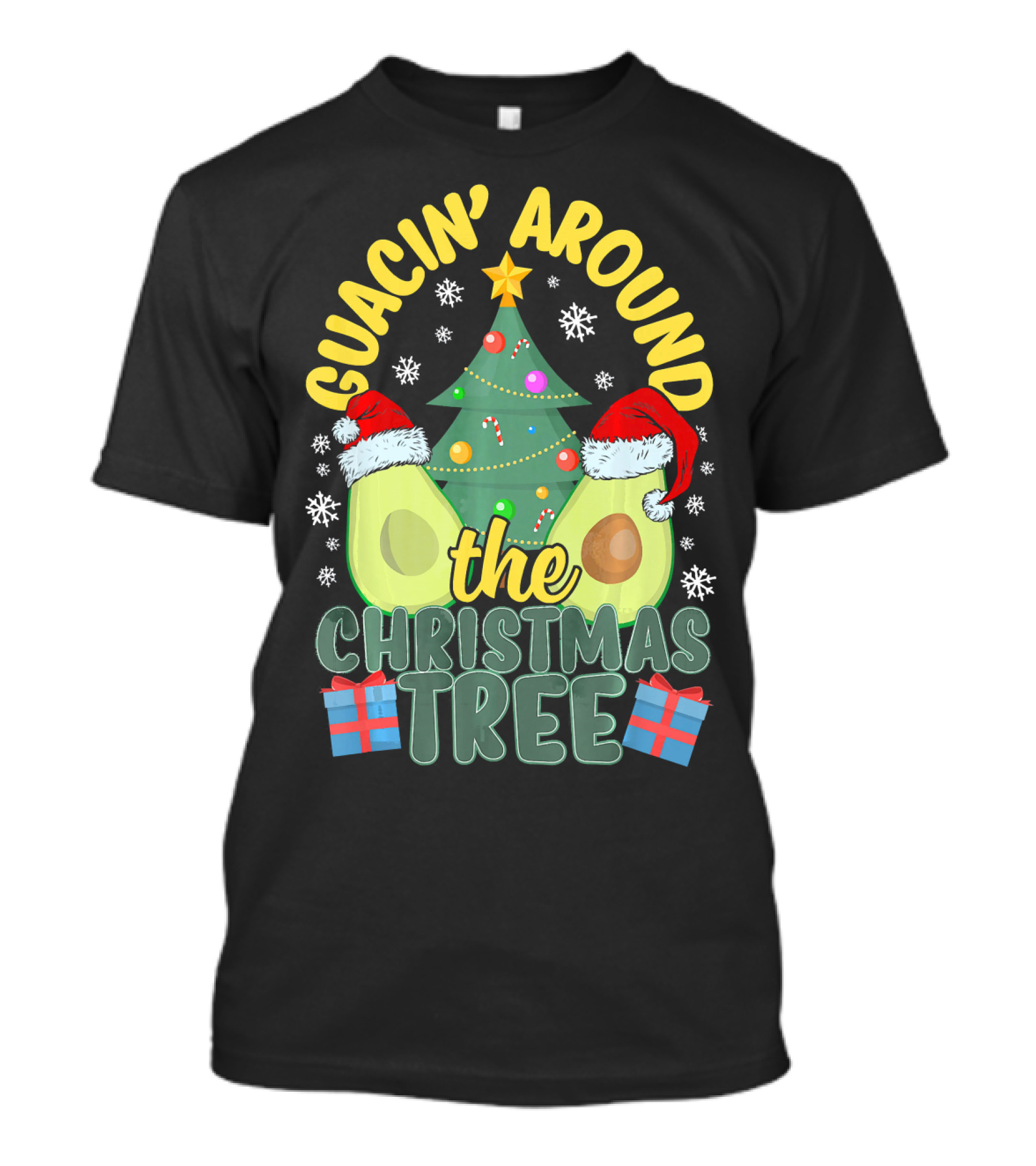Guacin' Around The Christmas Tree Snowflakes Presents Santa Hats T-Shirt