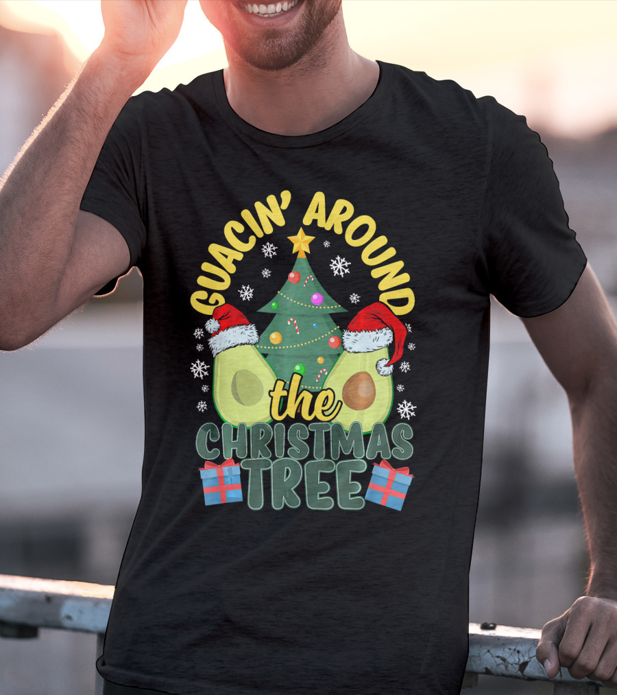 Guacin' Around The Christmas Tree Snowflakes Presents Santa Hats T-Shirt